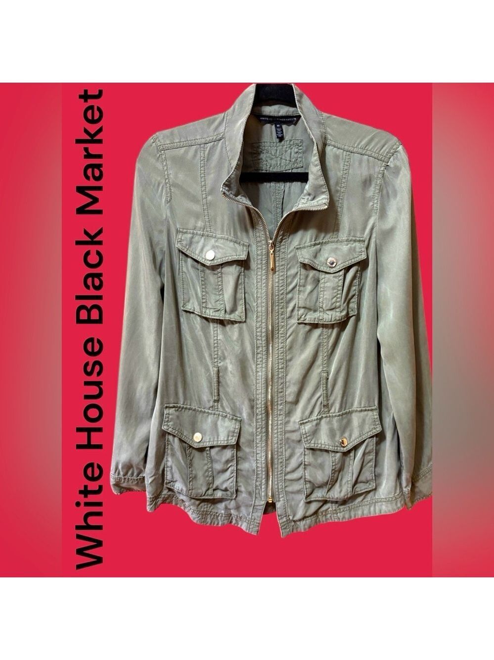White House Black Market-Size 10 army green jacket. Silver zipper/snaps. EUC!